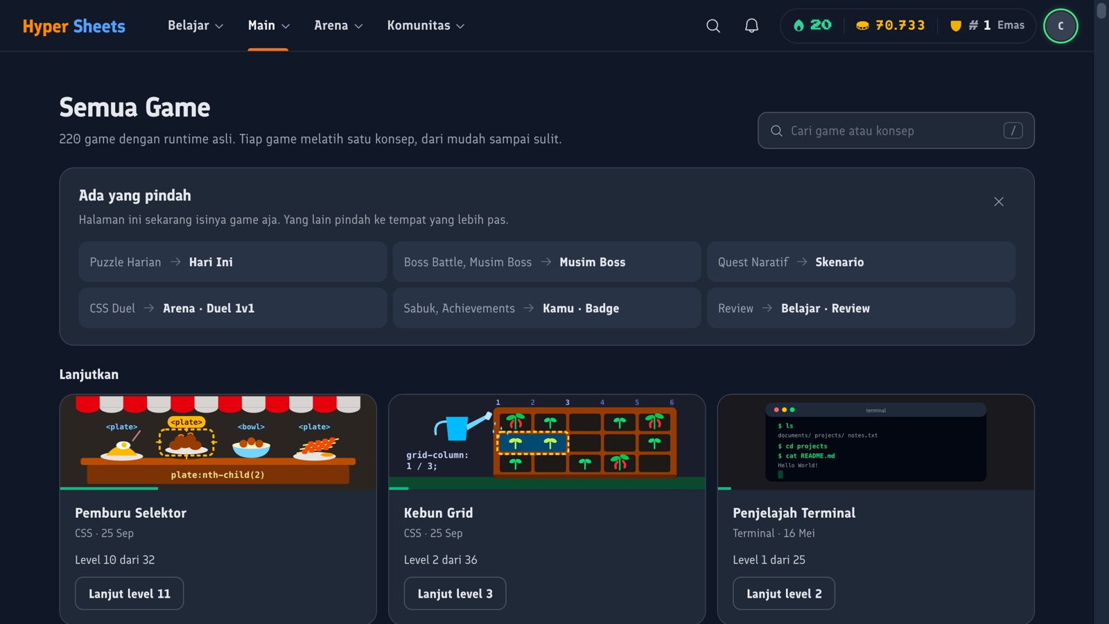 Halaman Semua Game dengan game yang sedang dimainkan