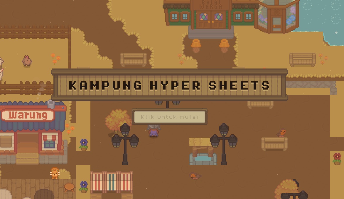 Layar pembuka Kampung Hyper Sheets: Balai Warga, Warung, dan alun-alun desa