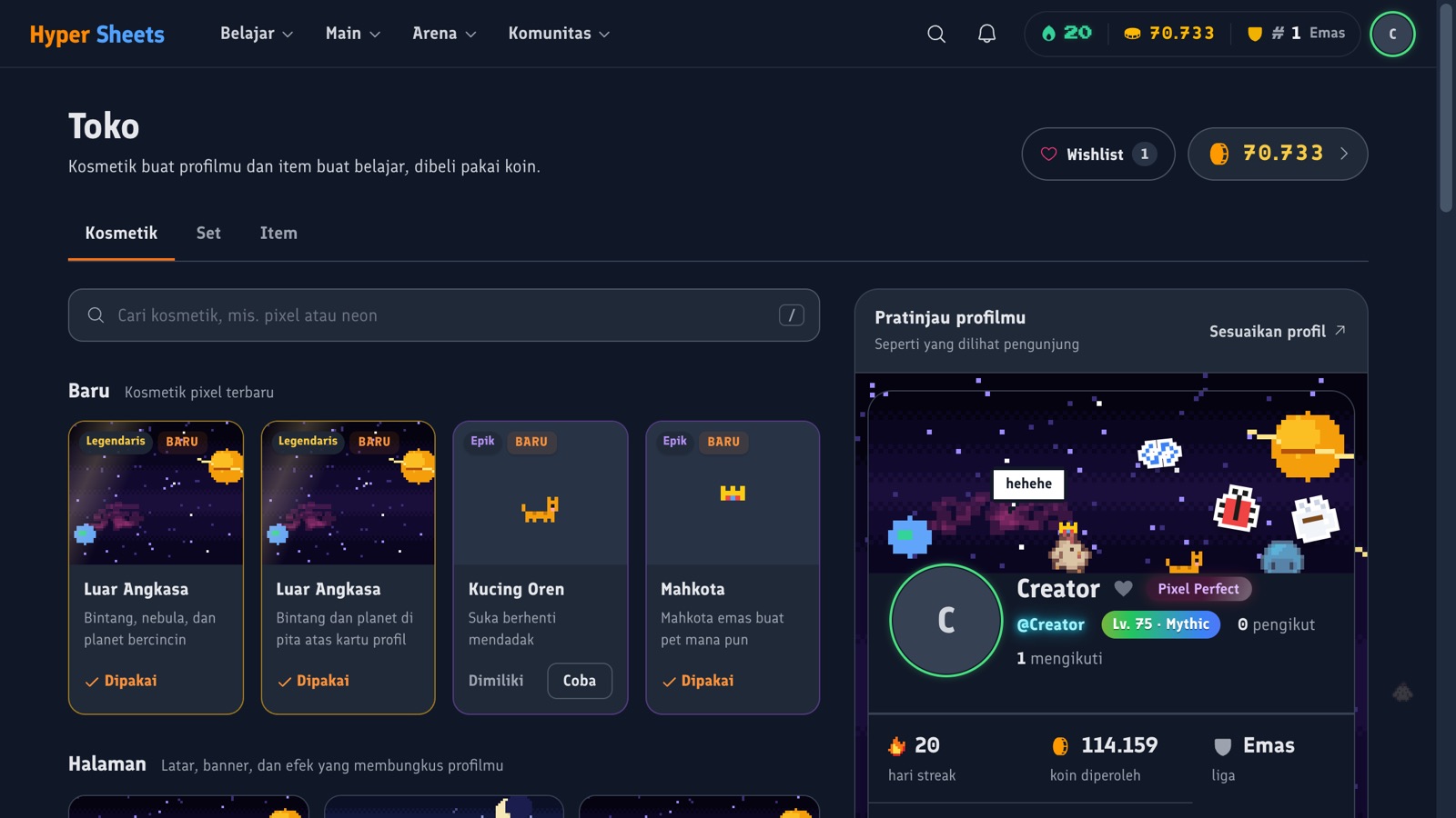 Toko: kosmetik pixel terbaru dan pratinjau profil